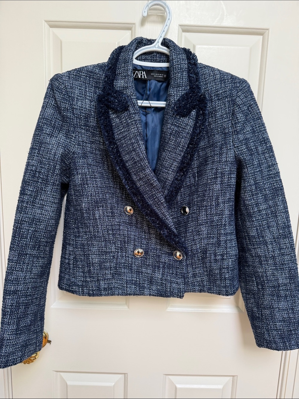 Zara sz XS Navy Textured Tweed Cropped Double-Breasted Blazer Silver buttons